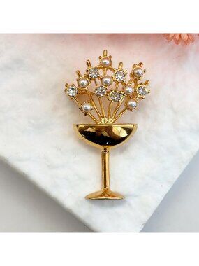 Napier Designer Faux Pearl & Rhinestoned Martini Glass Gold Toned Vintage Brooch